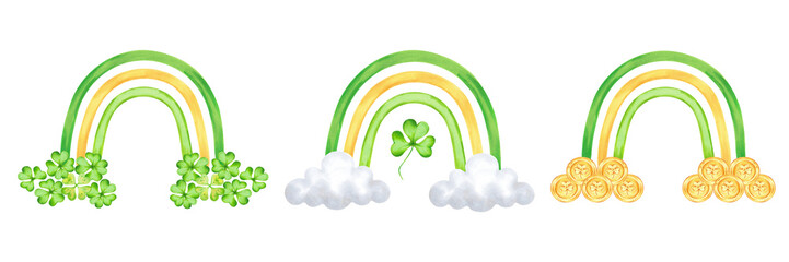 Collection of rainbows with clouds and shamrocks, gold coins for St. Patrick's Day. Illustration with watercolors. Yellow green pictures with clover. Isolated image for postcard, flyer, sticker