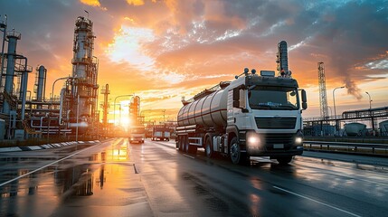  Transportation of oil and natural gas by truck. Oil Refinery factory and petrochemical plant. Petroleum industry. The lifeblood of industry.