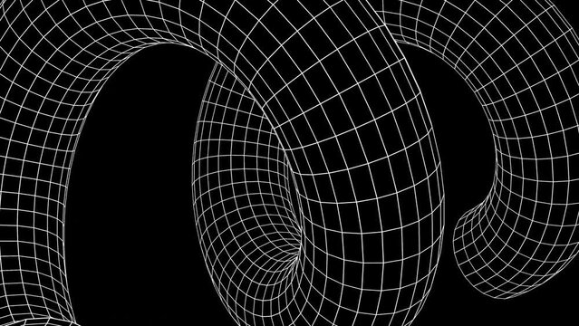 3d abstract wireframe grid neon laser line art white shape. Futuristic retro 80s 90s sci-fi background. Spiral object. Animation 30fps 4k loop