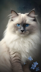 Naklejka na ściany i meble Portrait of a ragdoll cat with blue eyes and flowers