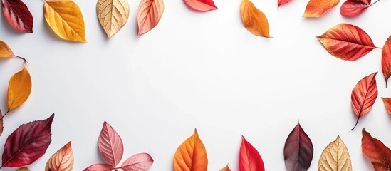 A top view of a horizontal frame showcasing a group of vibrant and colorful autumn leaves scattered on a white background, creating a visually appealing contrast.