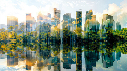 Double exposure with modern buildings and forest lush, concept of technology and nature stay together.