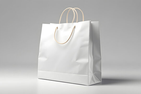 White blank shopping paper bag isolated on white background for mock-up and template design. 3d render illustration design. High-quality photo design.