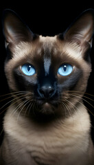Portrait of a Siamese cat with blue eyes on a black background