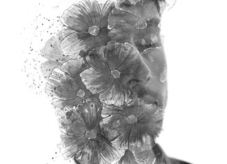 A mesmerizing paintography double exposure portrait with flowers - 751388328