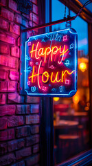 Vibrant neon sign with the words Happy Hour and colorful symbols, lighting up a brick wall, inviting to discounted leisure time at a bar or pub