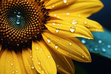 Sunflower covered in water drops. Closeup shot. Ai Generative