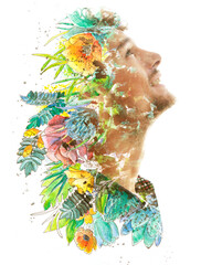 A floral symbolic double exposure paintography of a man's profile