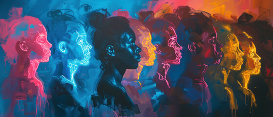 Neon Crowd Faces, Abstract portraits in neon shades, Collective individuality - obrazy, fototapety, plakaty