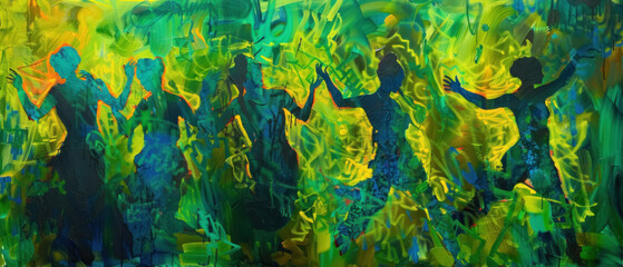 Fototapeta na wymiar Life Rhythm, Dynamic poses in vibrant greens and blues, Existence music illustration
