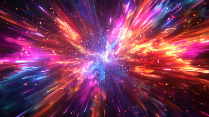 A vibrant image depicting a dynamic burst of multicolored light rays emanating from a central point, creating an intense effect resembling a high-speed journey through a space or digital tunnel.