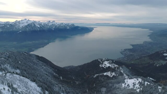 Montreux Riviera Leman Lake in Winter, Panoramic Mountain Drone Shot, Rochers-de-Naye, Switzerland
