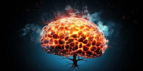 Side view of Brain on fire, exploding brain, disease concept like Parkinson's, Alzheimer's , dementia or Multiple Sclerosis - obrazy, fototapety, plakaty