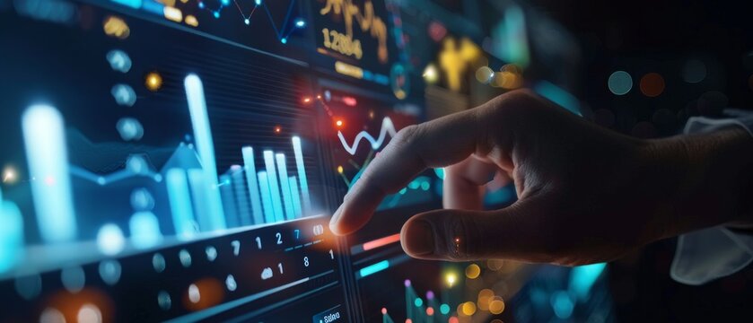 A finger interacts with a touch screen displaying vital data enriched with artificial intelligence, featuring graphs and formulas relevant to data science 