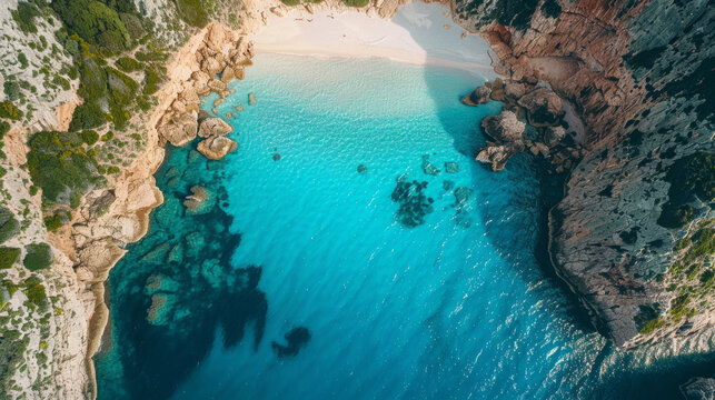Aerial view of a serene, turquoise coastal water body surrounded by rugged cliffs, showcasing a secluded sandy beach. The scenic natural beauty of the cove is highlighted by the clear blue sky.