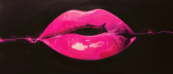 Neon Pink Smile Lips, Cosmic black canvas, Surreal minimal pop art