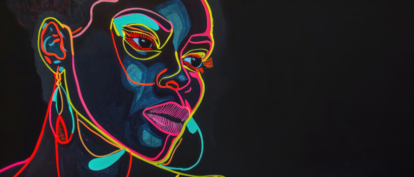Neon Geometric Black Woman, Vibrancy and spirit depth, Stark black canvas