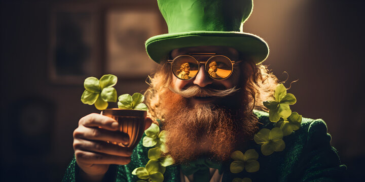 St Patrick's Day. Bearded man in green men hats celebrate Patricks Day. St Patrick's Day Party. Green men's hat or top hats. Green hat with clover. Saint Patrick having fun. Ireland traditional.