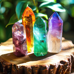 Precious stones in the forest in the rays of the sun, Magic still life for esoteric crystal ritual, witchcraft, spiritual practice - 751390537