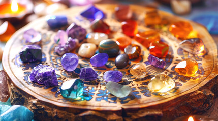Precious stones in the forest in the rays of the sun, Magic still life for esoteric crystal ritual, witchcraft, spiritual practice - 751390548
