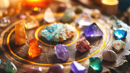 Precious stones in the forest in the rays of the sun, Magic still life for esoteric crystal ritual, witchcraft, spiritual practice