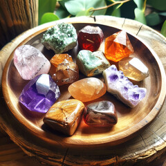 Precious stones in the forest in the rays of the sun, Magic still life for esoteric crystal ritual, witchcraft, spiritual practice - 751390576
