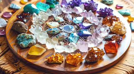 Precious stones in the forest in the rays of the sun, Magic still life for esoteric crystal ritual, witchcraft, spiritual practice - 751390585