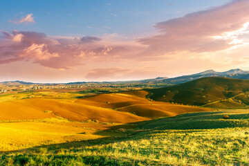 beautiful landscape in a yellow golden field in autumn or summer evening with nice rustic view of hills in countryside