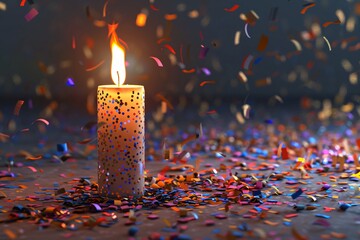 a candle with a flame and confetti