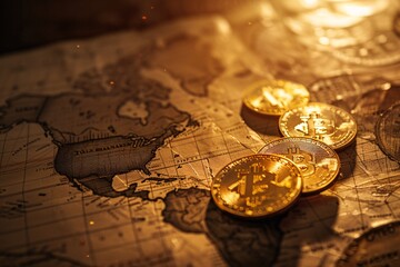 a group of gold coins on a map
