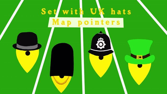 Animated map markers wear UK-themed hats. Ready-to-use elements on a transparent background.