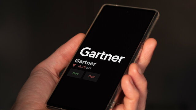 March 02nd 2024 Stamford, Connecticut. The logo of Gartner on the screen of an exchange. Gartner price stocks, $IT on a device.