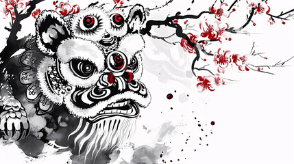 Chinese lion dance cultural elements Chinese ink cartoon illustration
 - obrazy, fototapety, plakaty