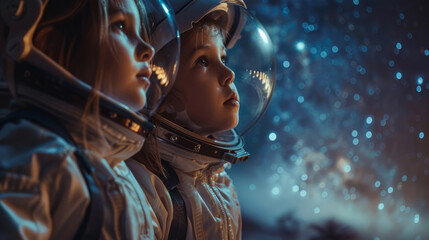 Two children dressed in astronaut costumes with helmets gaze into the starry sky, expressing wonder and curiosity, set against a dark, atmospheric background illuminated by a mystical glow. - obrazy, fototapety, plakaty