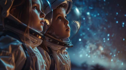 Foto op Aluminium Two children dressed in astronaut costumes with helmets gaze into the starry sky, expressing wonder and curiosity, set against a dark, atmospheric background illuminated by a mystical glow. © ChubbyCat