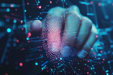 Human fingerprint scanning and biometric authentication. Future technologies and cybernetics - obrazy, fototapety, plakaty