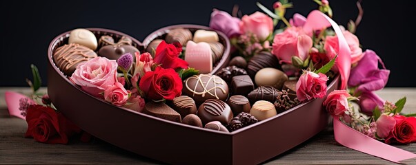 Luxury valentine chocolates in heart shaped gift box and tender flowers