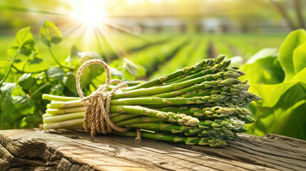 a bunch of fresh green asparagus lies on a rough wooden board against the background of an asparagus plantation in the rays of sunlight