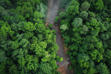 Overview of a dirt road cutting through a dense forest, with trees lining both sides under the sky