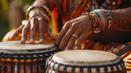 Close-up of a musician's hands playing a traditional drum with intricate details, adorned with colorful bracelets and a ring, blending cultural music with vibrant attire indicative of rich heritage. - obrazy, fototapety, plakaty