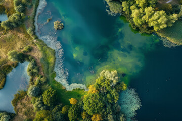Naklejka na ściany i meble A body of water surrounded by dense trees as seen from above, showcasing the natural landscape