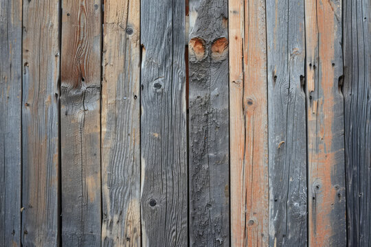 A detailed view of a weathered wooden fence with peeling paint, showcasing its texture and aging appearance
