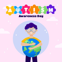 Flat background with a boy hugging the planet. World Autism Awareness Day.