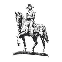 A detailed illustration of a vigilant, honorable rider and horse in black and white