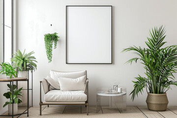 A living room featuring various plants and a chair in a modern interior setting