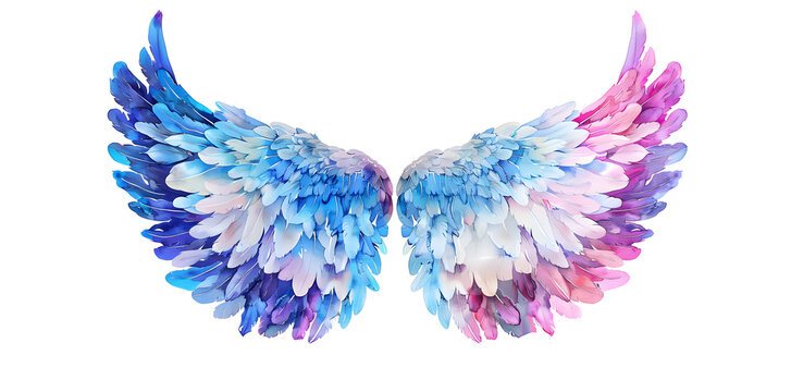 Soft pastel detailed pink and blue angel wings in watercolor style isolated on white background