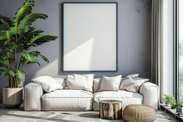 A living room featuring a white couch and a plant as the main focal points of the interior
