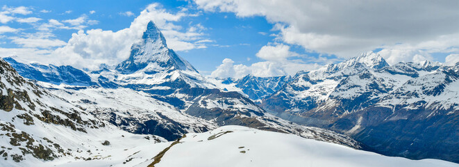 View of Swiss alp with Matterhorn peak in sunny day Zermatt Switzerland	