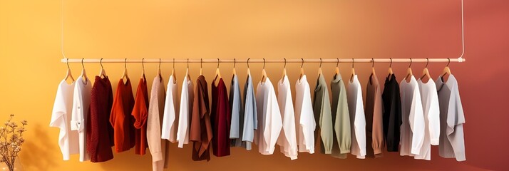 Fashionable clothes on hangers on a wardrobe rack on a colored background