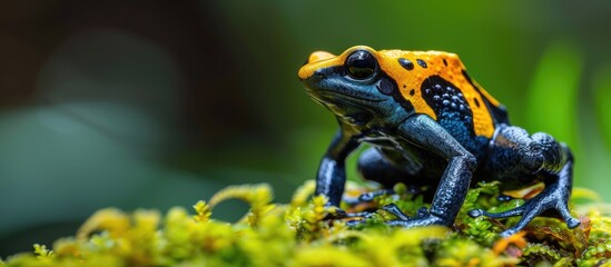 Obraz premium A close-up view of a Dendrobates leucomelas frog, also known as the poison dart frog, with yellow bands or a yellow head resembling a bumblebee, resting on a lush and mossy surface.
